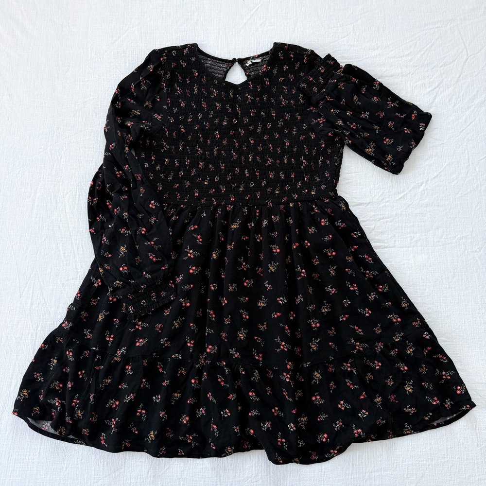 American Eagle Black Floral Smocked Dress